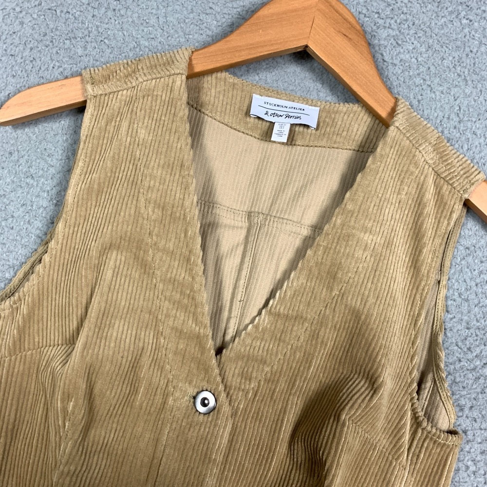 & Other Stories Mini Dress Size 2 Beige Corduroy Button Up Workwear Retro Hippie - Picture 3 of 10